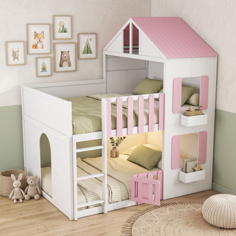 Lit superposé avec tablette de rangement, Double sur double, Rose
