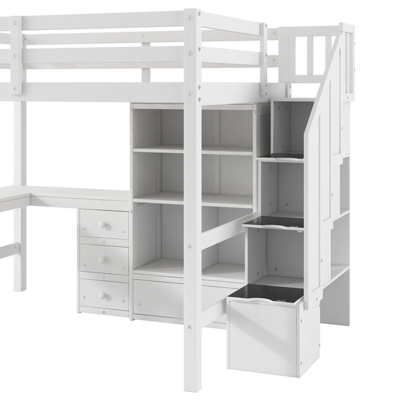 Lit mezzanine avec bureau en L et tiroirs, Lit double, Blanc