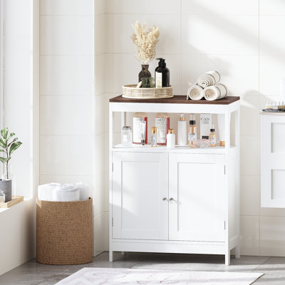 Armoire de rangement à deux portes avec tablette réglable et plateau en bois naturel, idéale pour la cuisine, le salon, la salle de bain ou le vestibule, entrée moderne blanche