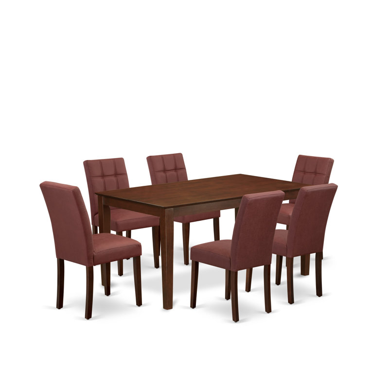 7 Piece Kitchen Dining Table Set Includes Dinner Table and 6 Burgundy Polyester Fabric Parsons Chairs, Mahogany, Mahogany