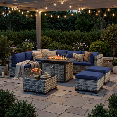 Ensemble de conversation de patio 10 pièces avec table de foyer au propane de 55 000 BTU, canapé modulaire en osier, 2 repose-pieds et table basse