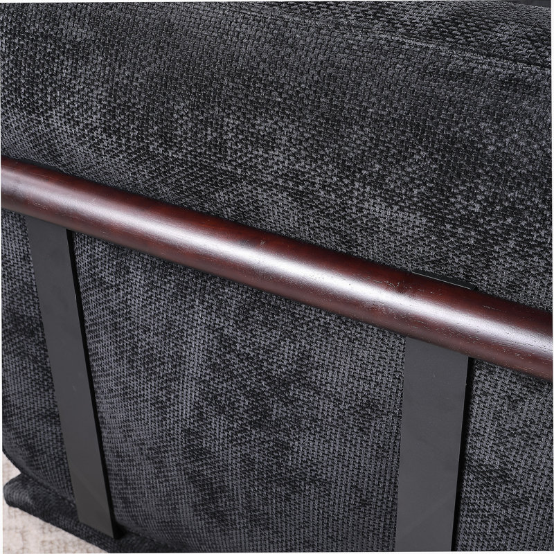 Canapé modulaire en tissu 6 places, comprenant un module d'angle et plusieurs sièges indépendants, jumelé avec des repose-pieds carrés du même matériau.