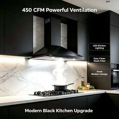CIARRA 30 in. 450 CFM Convertible Wall Mount Range Hood, Black Stainless Steel Chimney Hood with LED Lights, 3-Speed Exhaust Fan, Dishwasher-Safe Filters & Modern Kitchen Design
