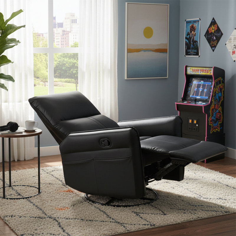Classic Upholstered Recliner Chair with Rocking and Swivel Base, Black