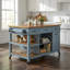 Chariot pour îlot de cuisine 52 po avec plateau en bois d'hévéa, îlot de cuisine roulant avec tiroirs de rangement, tablettes ouvertes et barre à serviettes, cadre en panneau de fibres à densité moyenne, chariot de cuisine mobile sur roulettes pour la salle à manger de cuisine, bleu gris