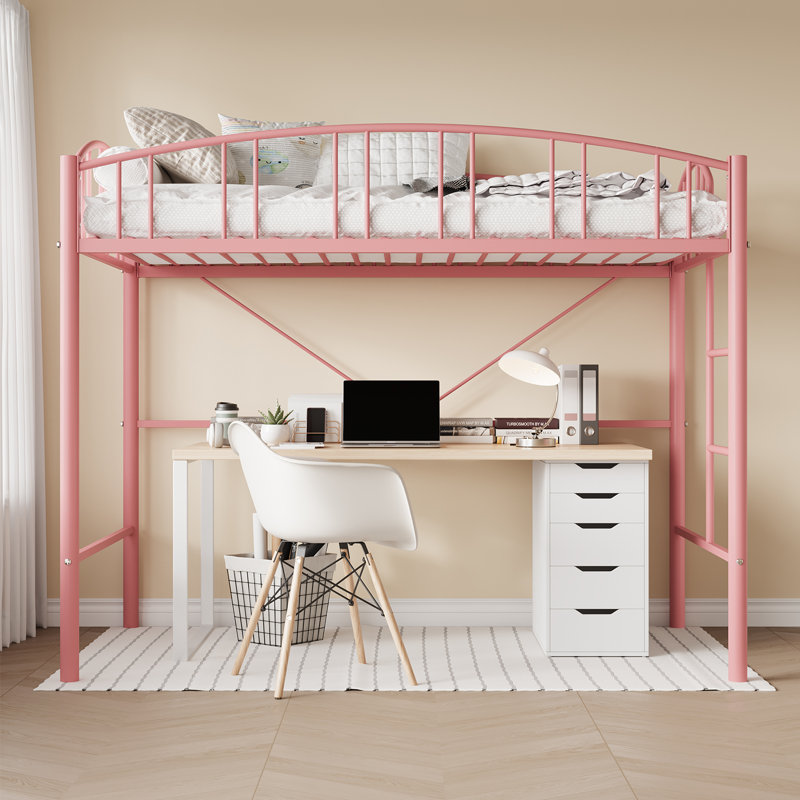 Structure de lit mezzanine simple en métal - garde-corps arqué durable, échelle de sécurité, chambre à coucher moderne pour enfants et adolescents, aucun sommier nécessaire - rose
