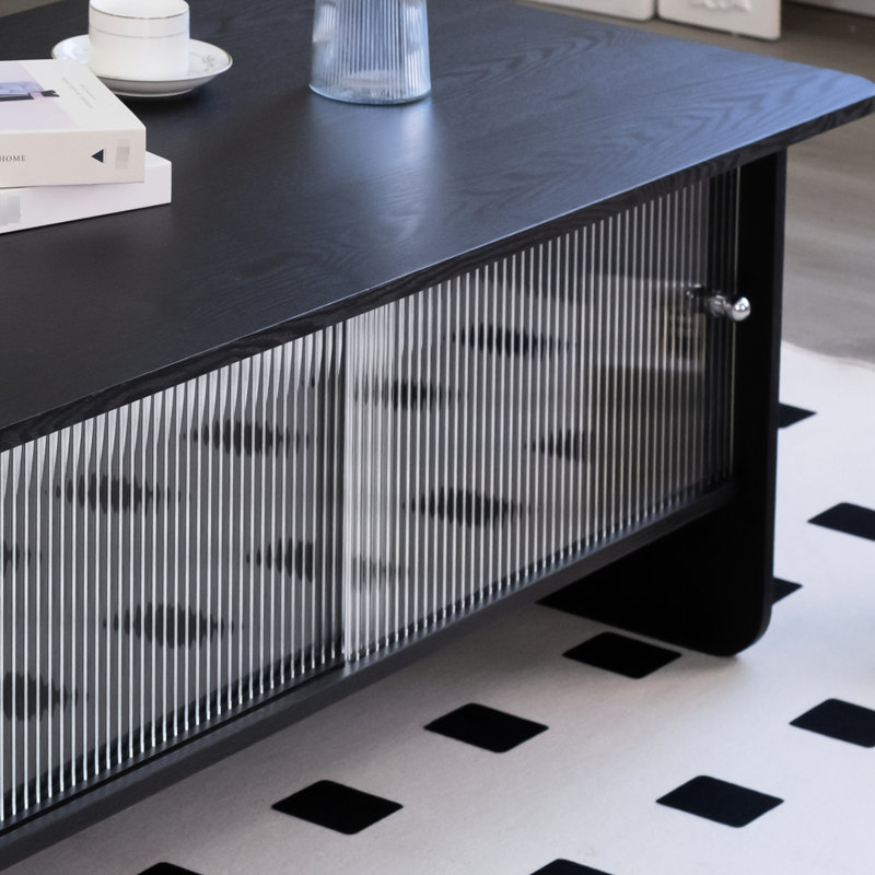 Table basse rectangulaire minimaliste moderne avec rangement à porte coulissante en verre, parfaite pour le salon, la chambre à coucher ou le bureau.