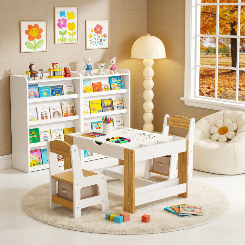 Ensemble de table de jeu et de chaises pour enfants 2 en 1 avec 7 compartiments de rangement, surface de bloc compatible LEGO, mobilier de table d'activité et d'apprentissage moderne - blanc