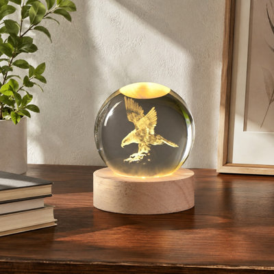 3D Laser-Engraved Eagle Crystal Ball Night Light with Glass-Sphere Eagle Statue and Animal Figurine Decor; Lamp Gift for Men, Women and Kids
