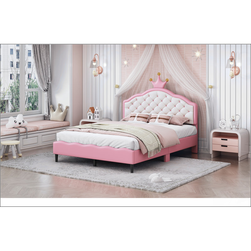 Lit princesse pleine grandeur en similicuir avec tête de lit capitonnée, rose et crème, Double