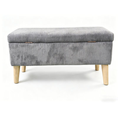 32 inch Wide Corduroy Storage Ottoman Bench with Wooden Legs, Flip-Top Storage Box, Soft Upholstered End of Bed Bench, Footrest & Shoe Bench for Bedro