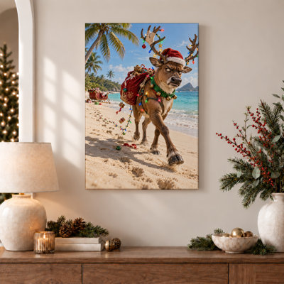 «Reindeer in Santa Hat on Tropical Beach», art mural sur toile