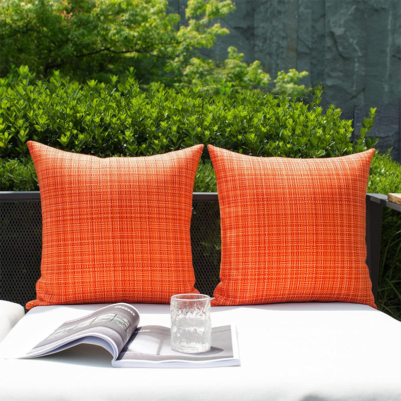 Orange Set Of 2 Waterproof Textured Woven Throw Pillow covers– Outdoor & Indoor 18"x18", Orange, Square 18"
