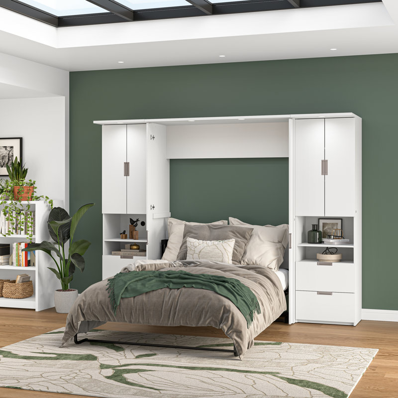 Lit escamotable avec bureau et armoires de rangement Oneybrook, Double
