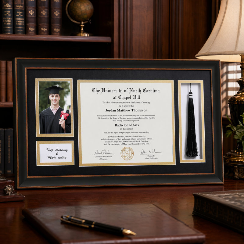 Matte Black Diploma Frame with Tassel Holder and Graduation Photo Display, Black/Gold, 8.5" x 11"/4" x 6"