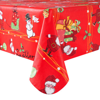 Nappe de Noël en vinyle avec envers en flanelle, imperméable, rectangulaire 152 x 213 cm, motif Père Noël rouge et bonhomme de neige.