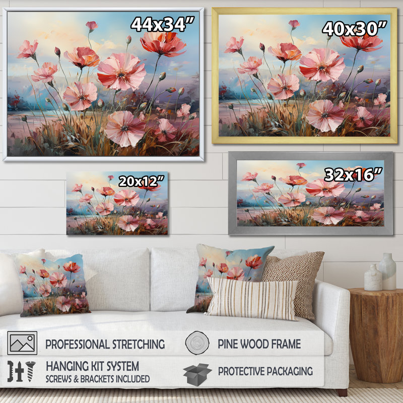 Œillets mauves, charme de campagne III sur toile, Cadre doré simple, H 34 po x l 44 po x P 1,5 po