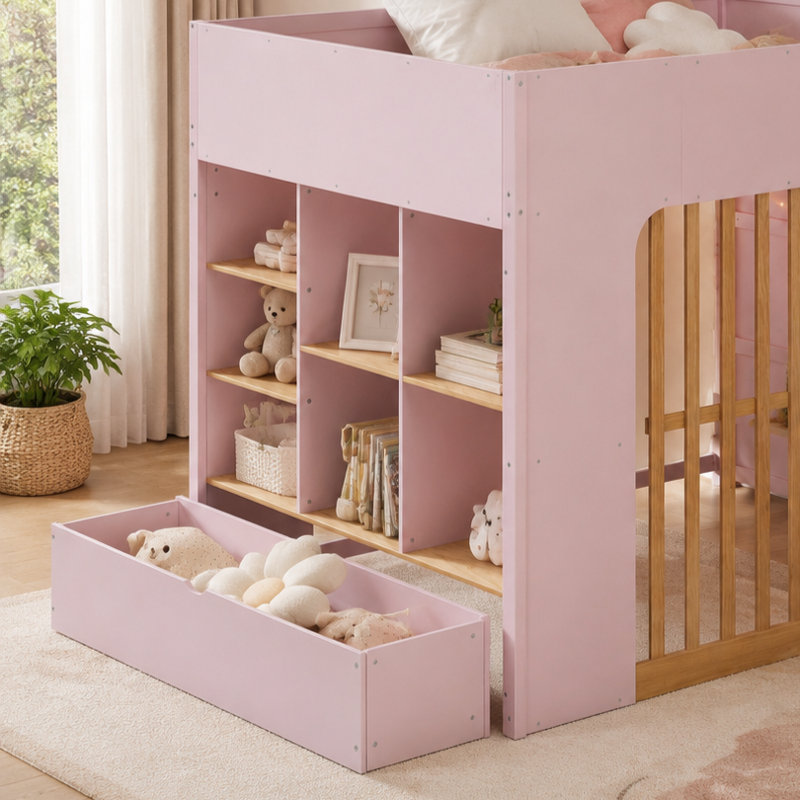 Lit mezzanine avec tablettes de rangement Leonide, Lit double, Rose