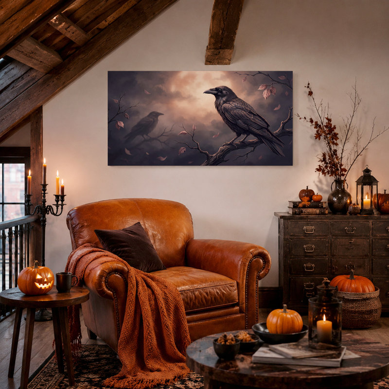 Toile noire d'Halloween perchée sur une branche, ciel éclairé par la lune, 32“W x 16”H