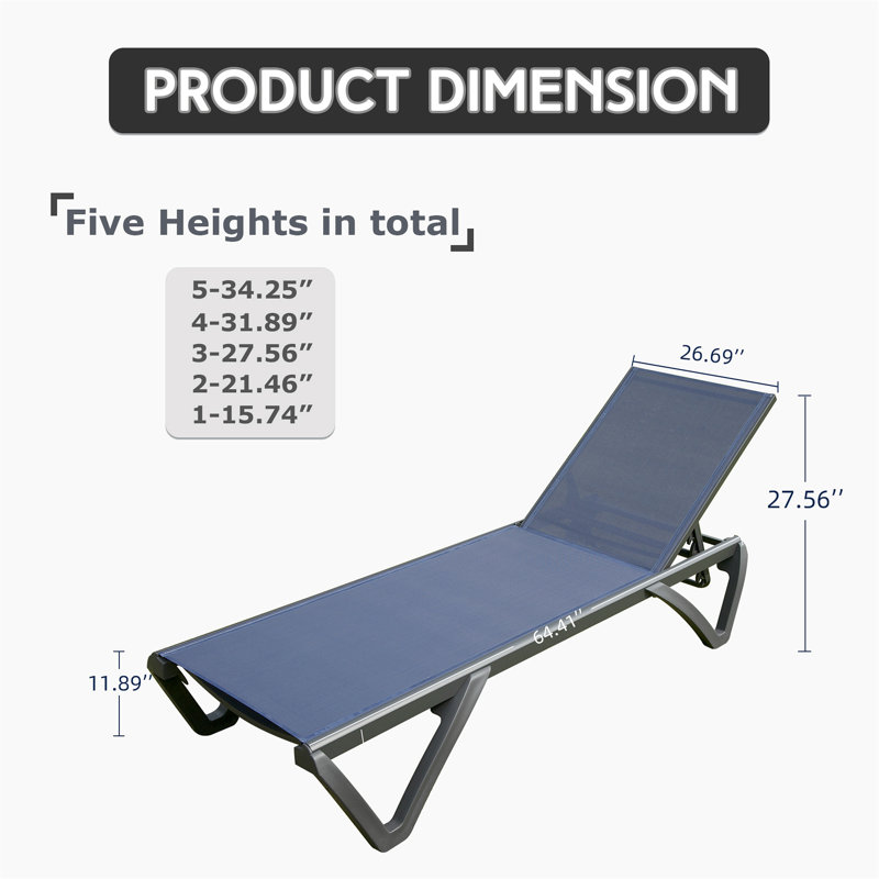 Outdoor Lounge Chair, 2 Pieces Aluminum Patio Chaise Lounge With 5 Position Adjustable Backrest And Wheels, All Weather Reclining Chair For Outdoor, Beach, Yard, Pool