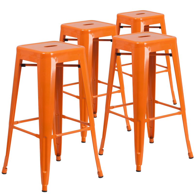 Nieva Commercial Grade Backless Indoor-Outdoor Stool with Square Seat, Red Orange, Bar Stool (30” Seat Height), 4
