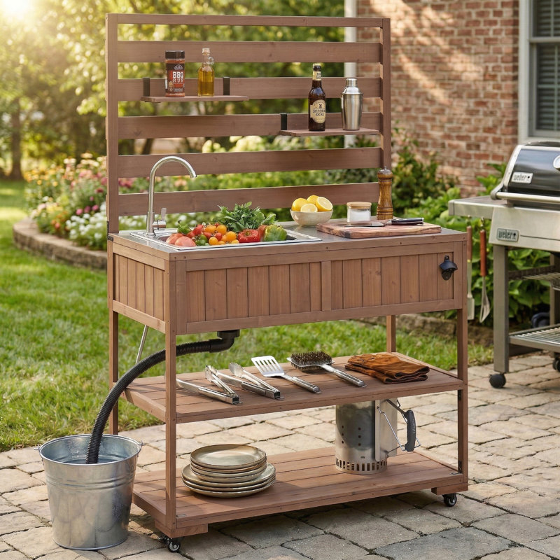 Îlot de cuisine extérieur moderne 41,7 po avec plateau en acier inoxydable et évier intégré Nario, Brun