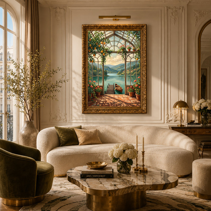 Intérieur de serre avec citronniers et vue sur lac, H 30 po x l 20 po