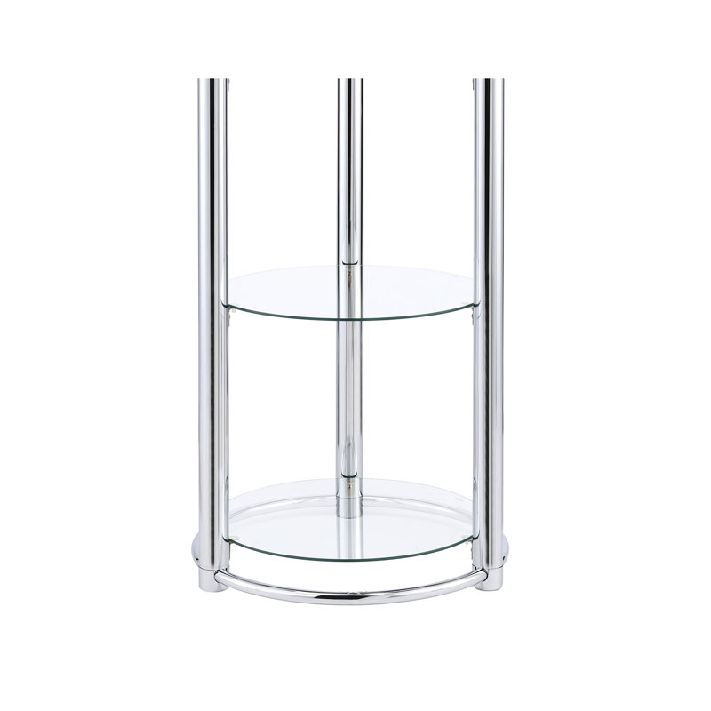 Présentoir triangulaire moderne en verre trempé et cadre, 5 tablettes verticales spacieuses pour mettre en valeur les espaces de vie principaux, dos ouvert, finition argentée transparente avec cadre en verre, apparence