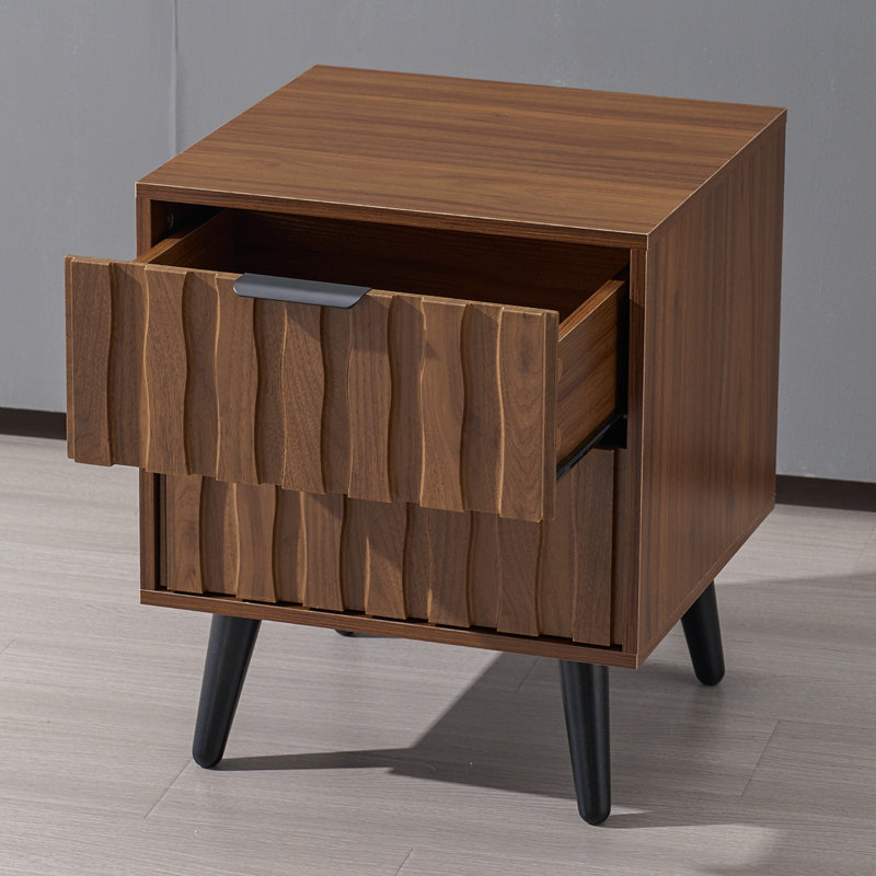 2-Drawer Fluted End Table With Solid Wood Legs, Storage Side Table For Living Room/Bedroom