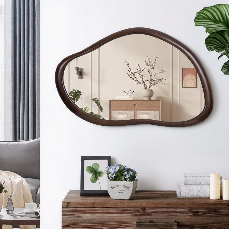 Miroir irrégulier en verre trempé, cadre en bois de noyer, miroir mural 90 x 60 cm