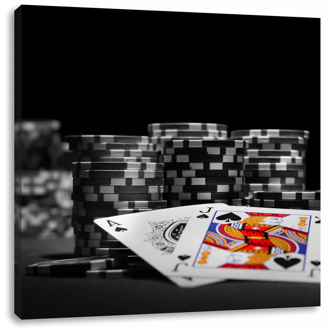 Leinwandbild Dark Pokertisch mit Pokerchips und Karten