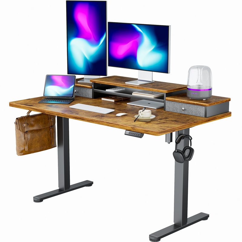 Electric Adjustable Height  Standing Desk Computer Table with Drawers, Vintage Brown/Black, 28.5" H x 55" W x 28" D