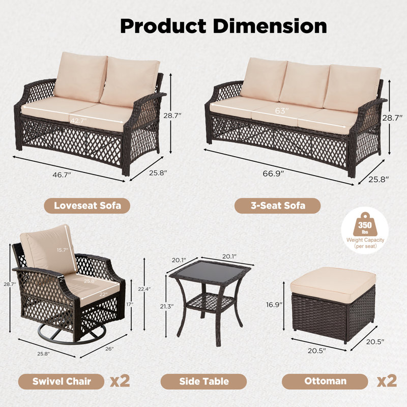 Ensemble de mobilier de patio 7 pièces, ensemble de conversation en osier avec chaises pivotantes, 2 repose-pieds et table d'appoint en verre