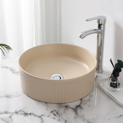 Element 14.75 in. W x 14.75 in. D Modern Round Fluted Ceramic Bathroom Vessel Sink, Above Counter Vanity Basin, Matte Beige