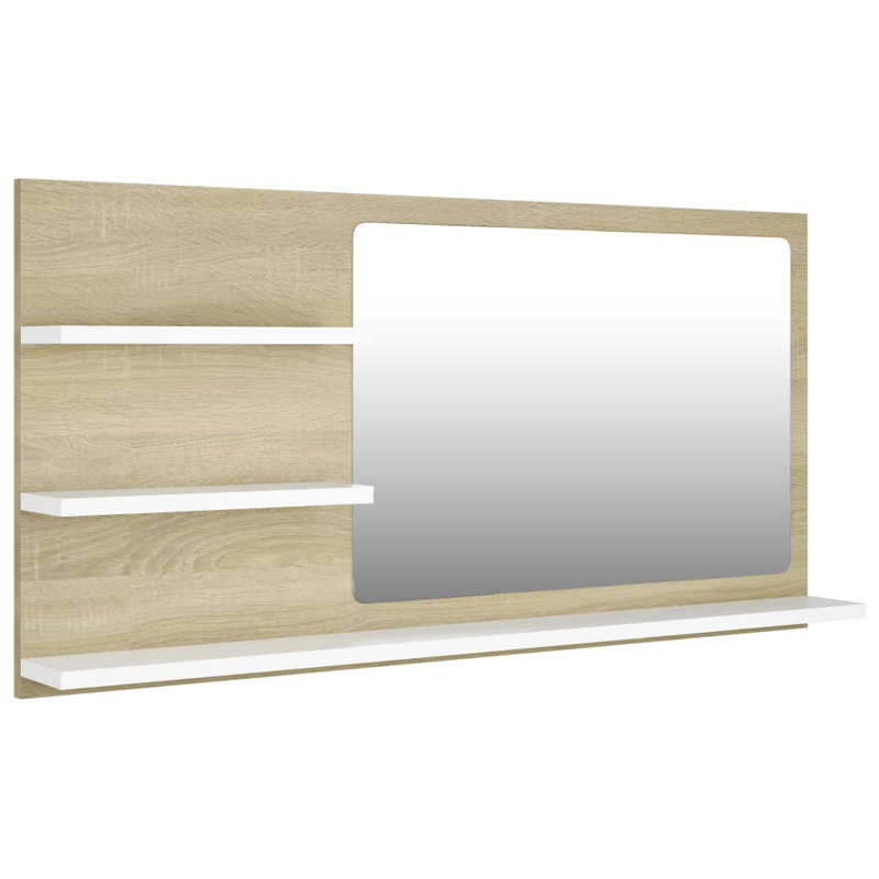 Bath Mirror with Shelves Powder Room Mirror Bath Mirror Engineered Wood, 17.7" H x 35.4" W x 4.1" D, White/Oak
