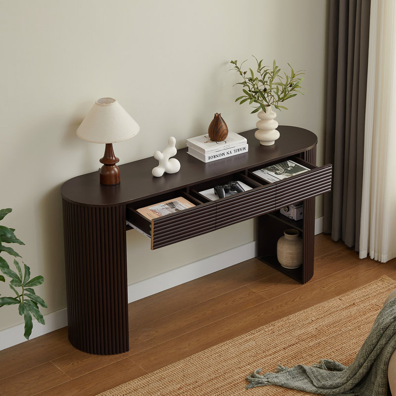 Console rétro avec rangement, 3 tiroirs, 1 pied de table, esthétique à lattes rondes, entrée, salon et couloir, espresso