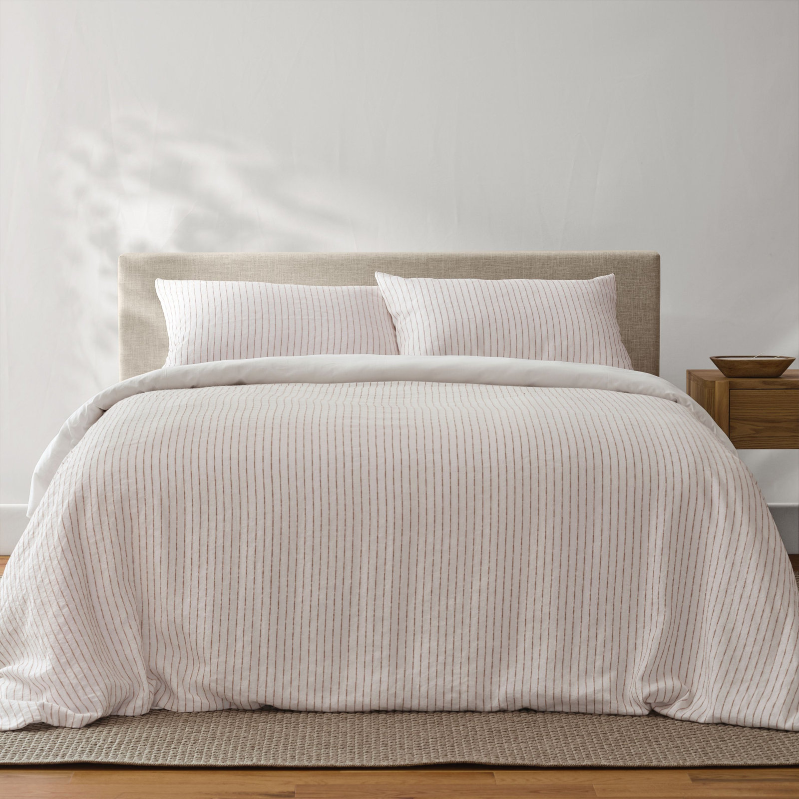 French Linen Duvet Cover Set, Twin Duvet Cover + 1 Standard Pillow Sham, White/Clay Textured Stripe