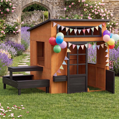 6' W x 4' D Outdoor Wooden Playhouse with Attached Picnic Table, Half-Door, Windows & Serving Station for Backyard Garden, Brown