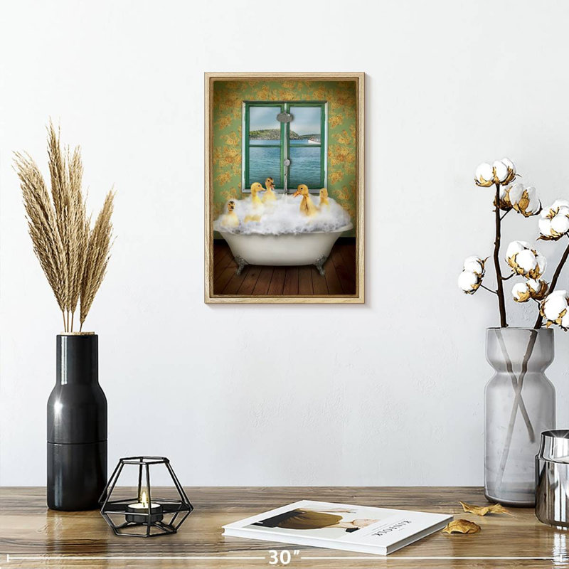Ducks In Bath Tub, Floating Frame Natural Wood, 9" x 13"