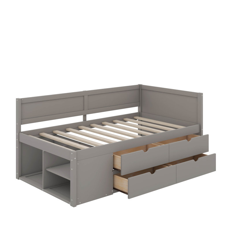 Twin Size Daybed With Drawers And Shelves, Gray