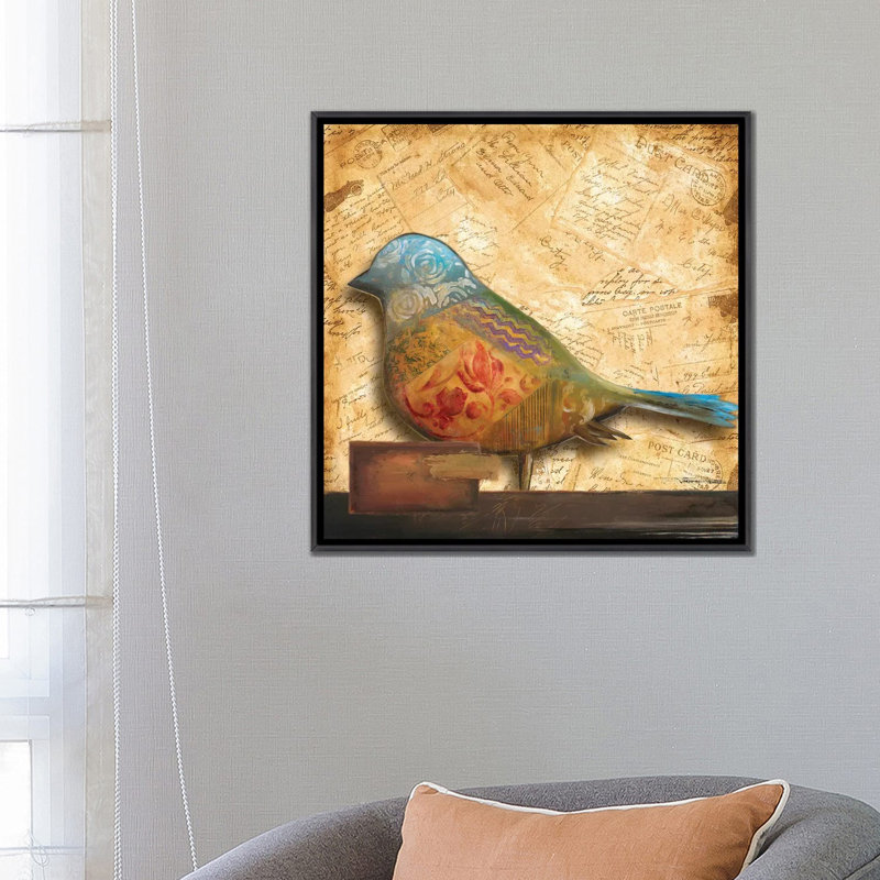 Impression d’art graphique, "Bird of collage I" par Patricia Pinto, Pas de tapis, H 26 po x l 26 po x P 1,5 po