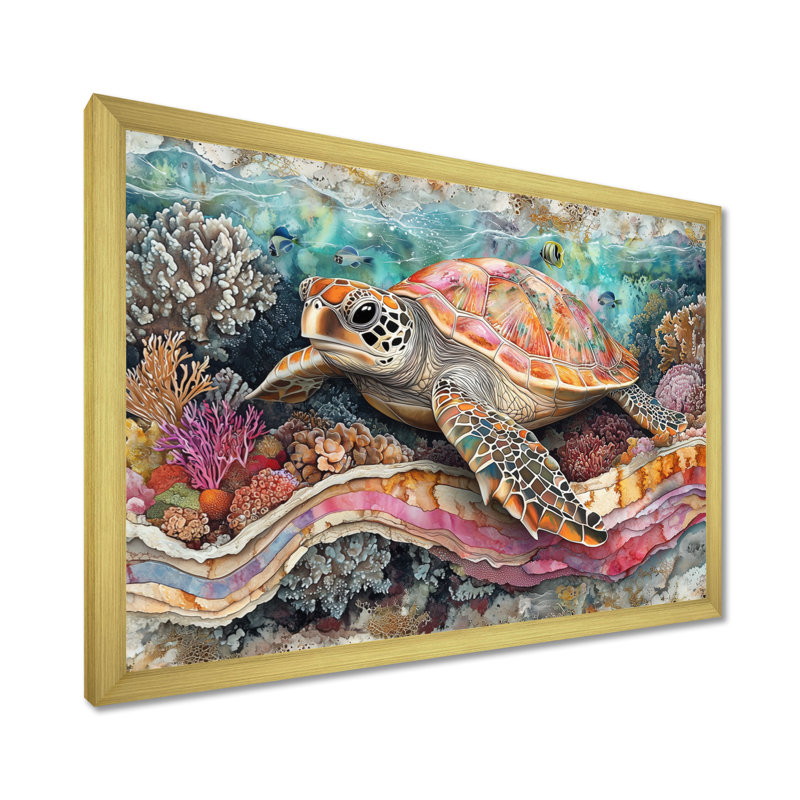 Cornellia Aquarium Turtle Coral Sanctuary III - art mural tortue pour le salon, Reproduction encadrée d'une seule photo, Doré