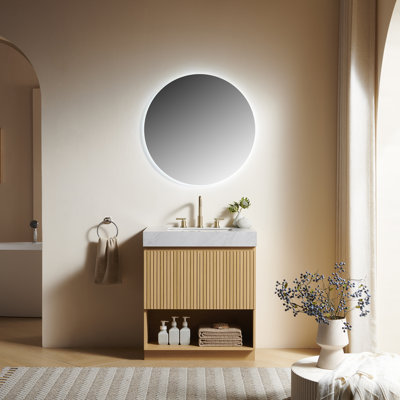 Meuble-lavabo FINO 30, sur pied, comptoir en pierre frittée gris Carrara veinée et lavabo en céramique avec 3 trous pré-percés pour robinetterie, démonté, robinetterie et bonde non inclus, couleur chêne Corolla