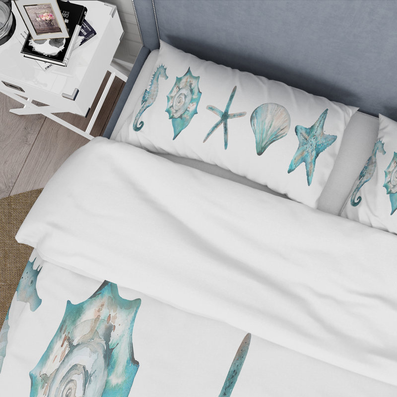 Blue Starfish And Shell - Ensemble de housse de couette nautique et côtier - Polyester en microfibre