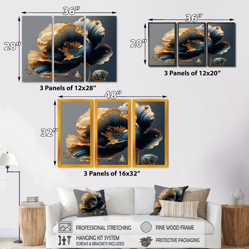 Bleu profond et or unique fleur IV - ensemble d'art mural sur toile floral et botanique, H 28 po x l 36 po x P 1 po