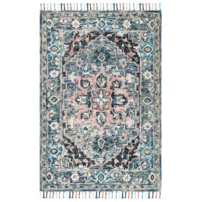 Tapis oriental rose / bleu en laine / coton touffeté à la main Arkadijus