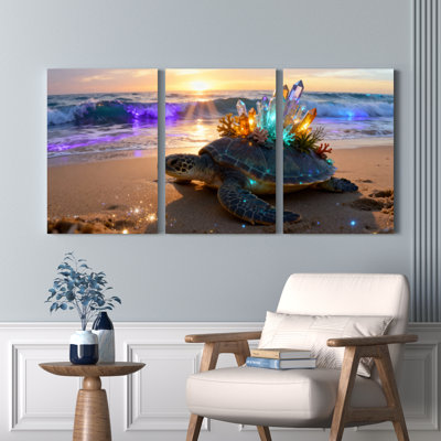 Ensemble de 3 tableaux sur toile tendue représentant une tortue marine avec une couronne de cristal au coucher du soleil sur la plage