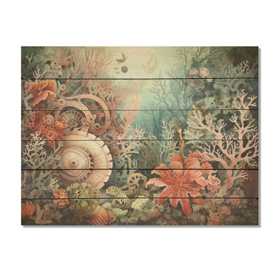 «Coral Pirate Wheel Memory», art mural bois de corail sous l'eau sur bois de pin naturel