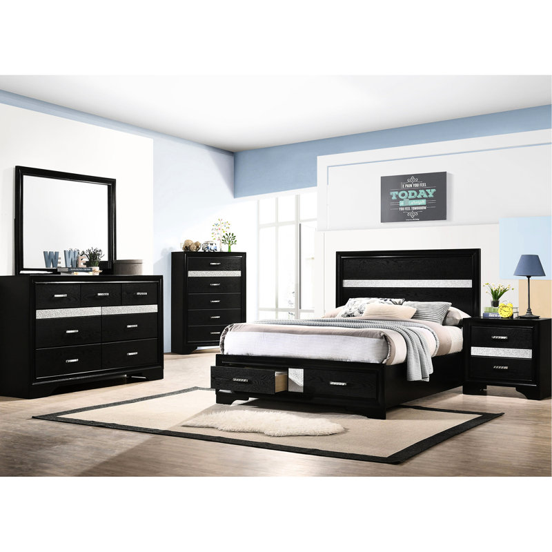 Lit double avec panneau de rangement noir, panneau de particules et garniture scintillante sur le panneau de tiroir de taille, finition, avec bords biseautés et poignées de tiroir décoratives