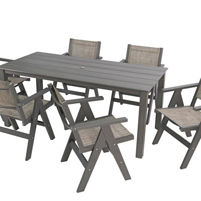 A Wooden-Textured Imitation Wood Dining Table, Simple Yet With A High Quality Feel. It Has A Small Tabletop And Is Perfect For Outdoor Picnics. Charcoal Gray, 68.9 Inches.